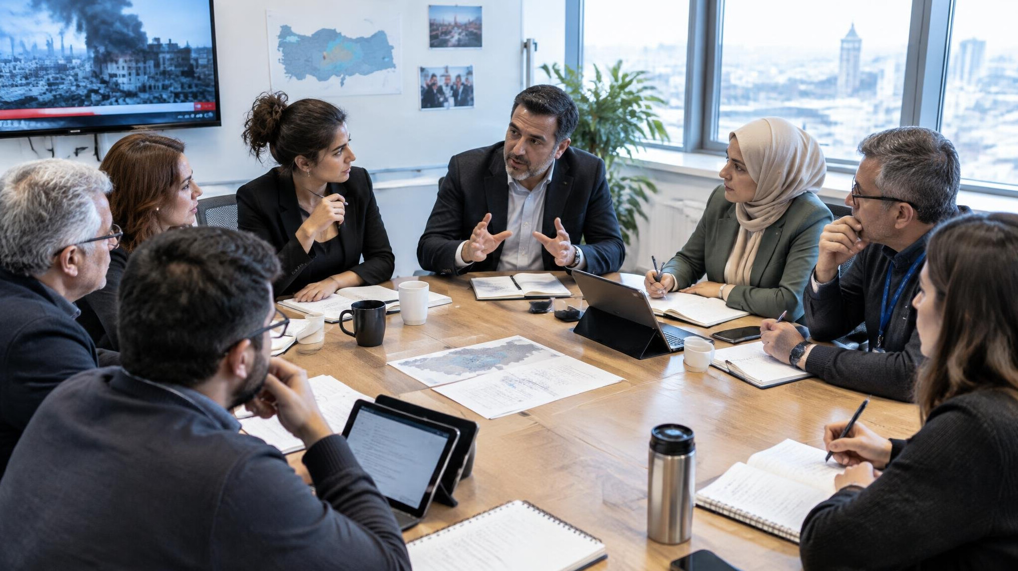 Group workshop with media professionals around a table
