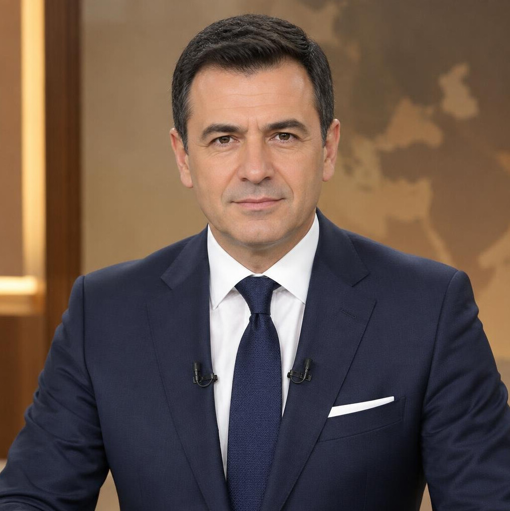Turkish male television news anchor in a suit