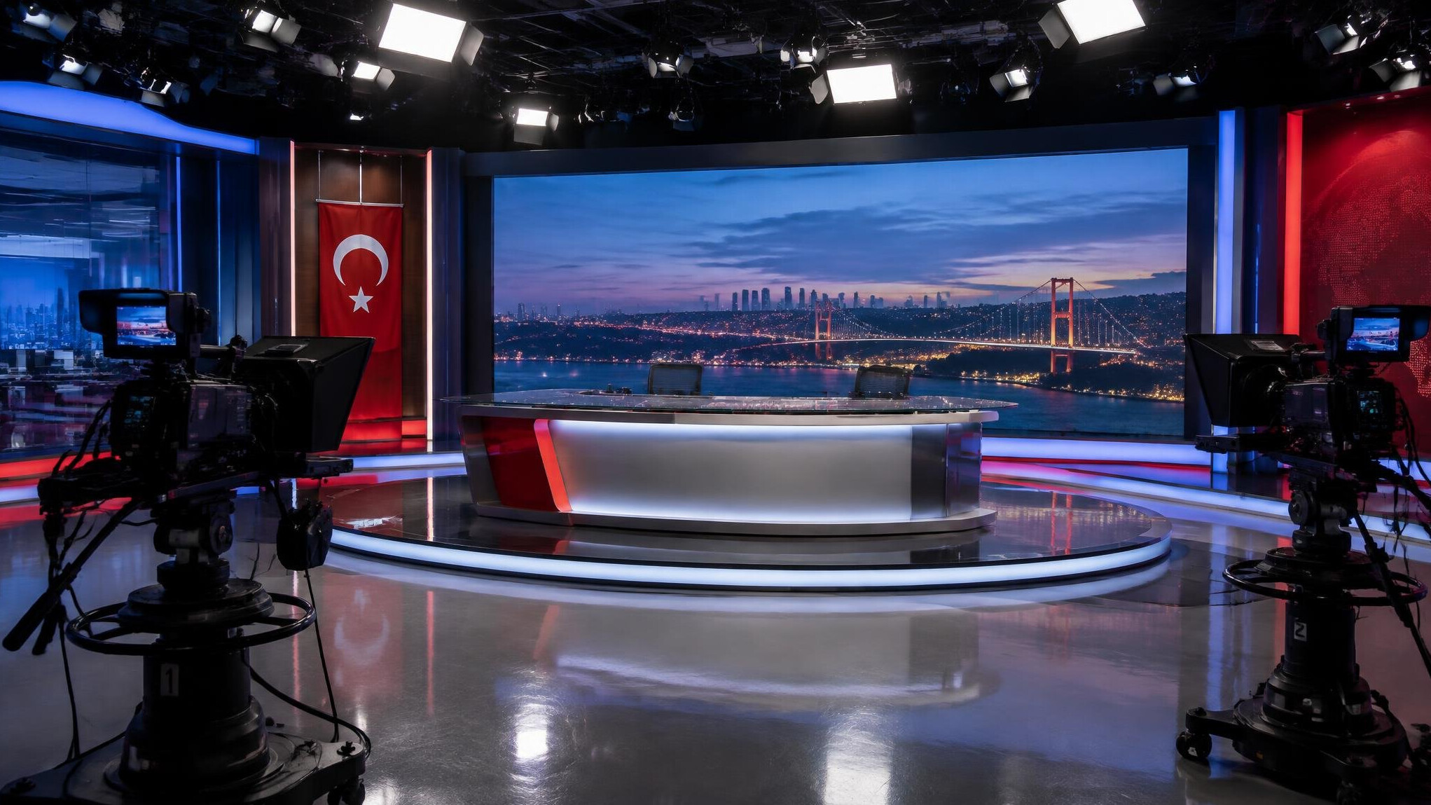 Empty TV studio set with lighting rigs before broadcast