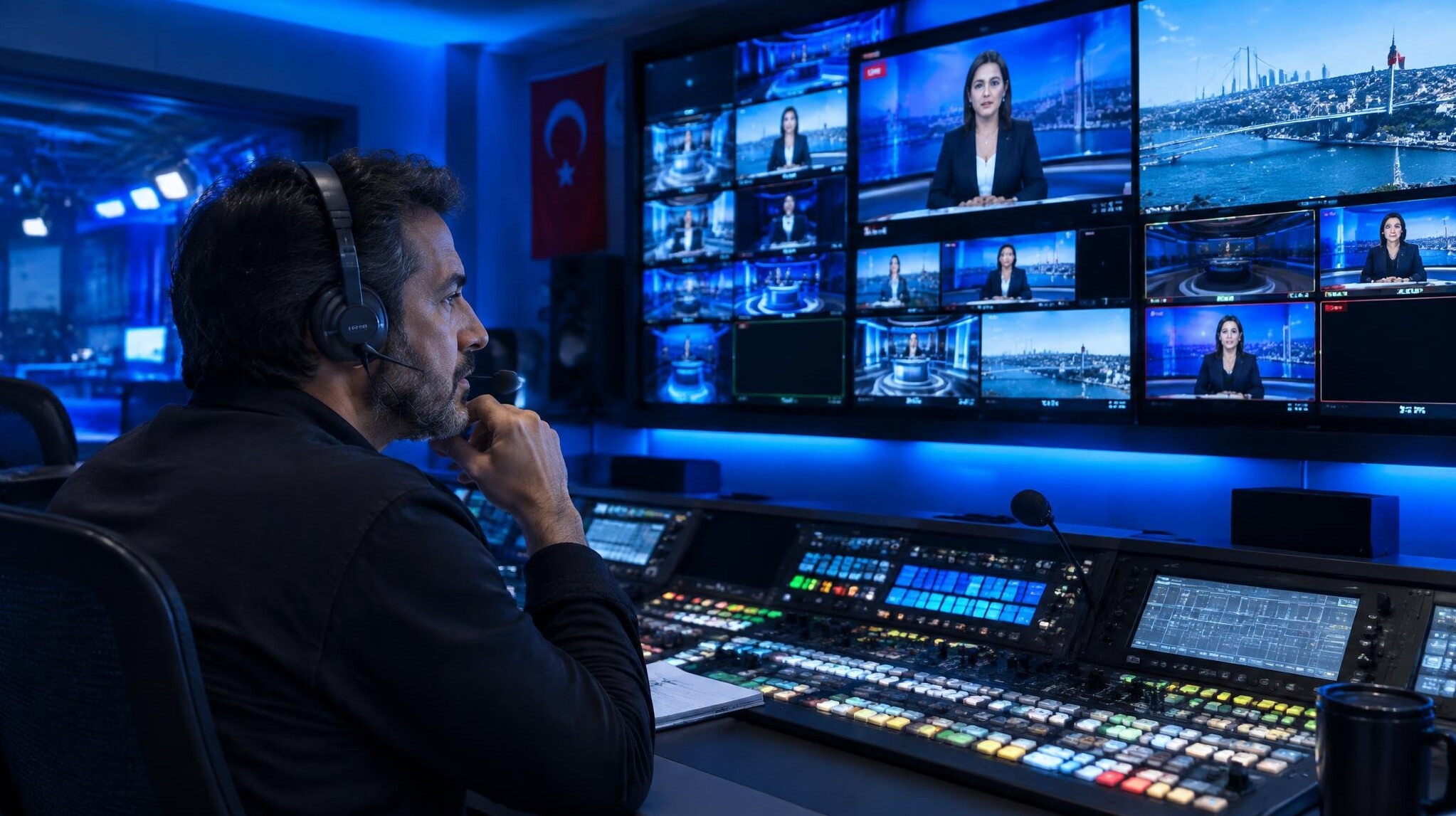Director watching monitors in TV control room during live broadcast