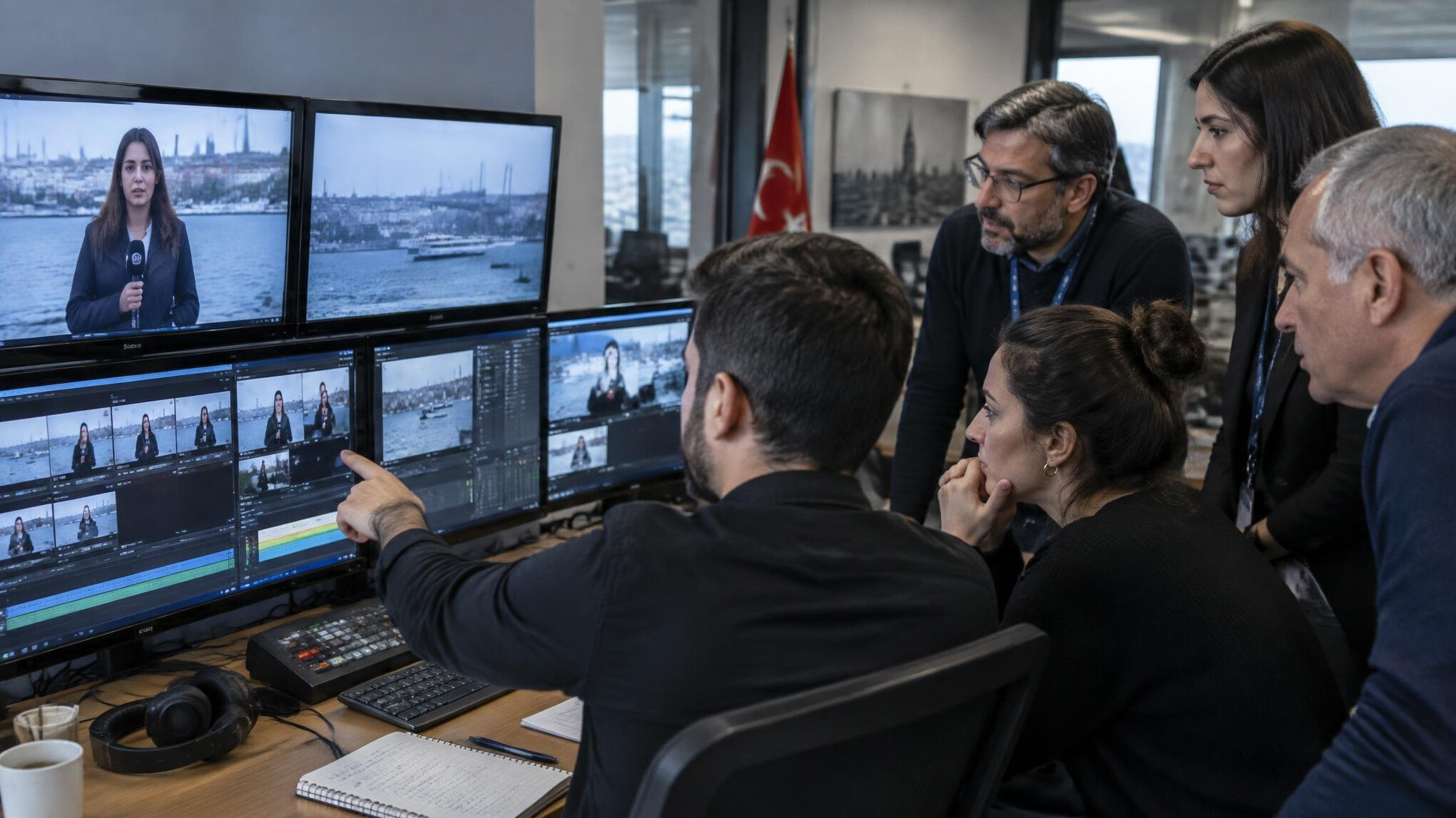 Media team reviewing broadcast footage on screens