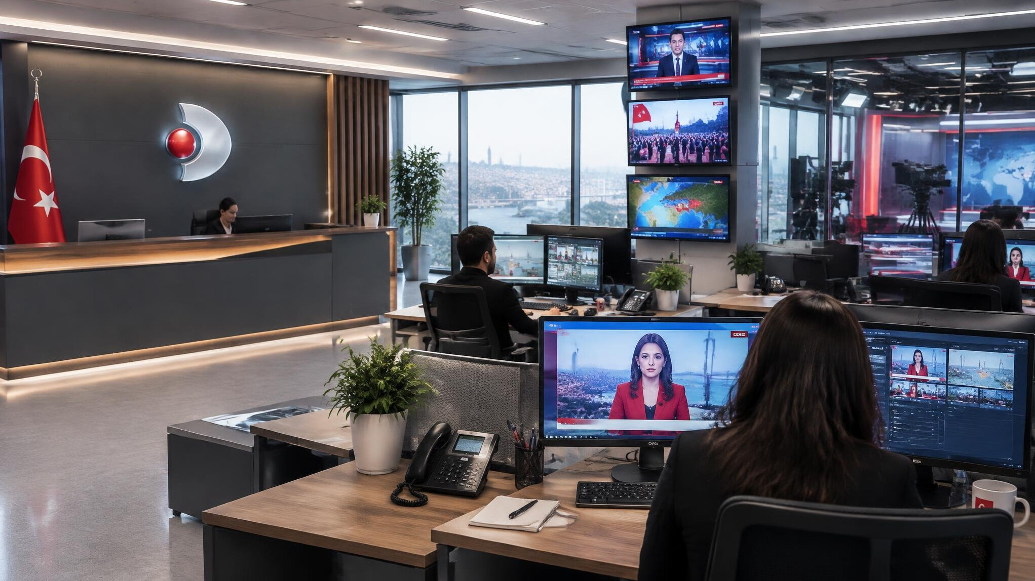 Television newsroom desk with phones and monitors
