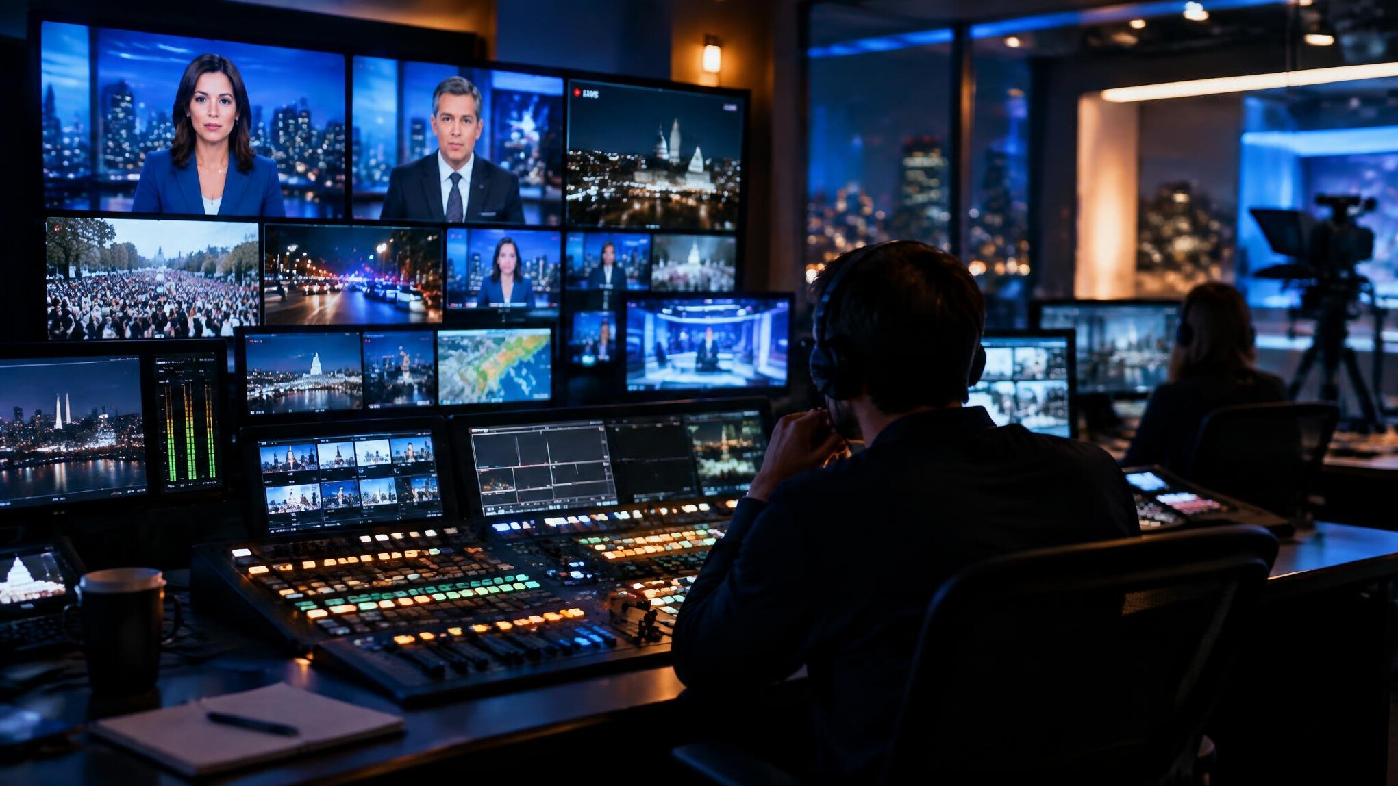 TV control room with monitors during a live broadcast