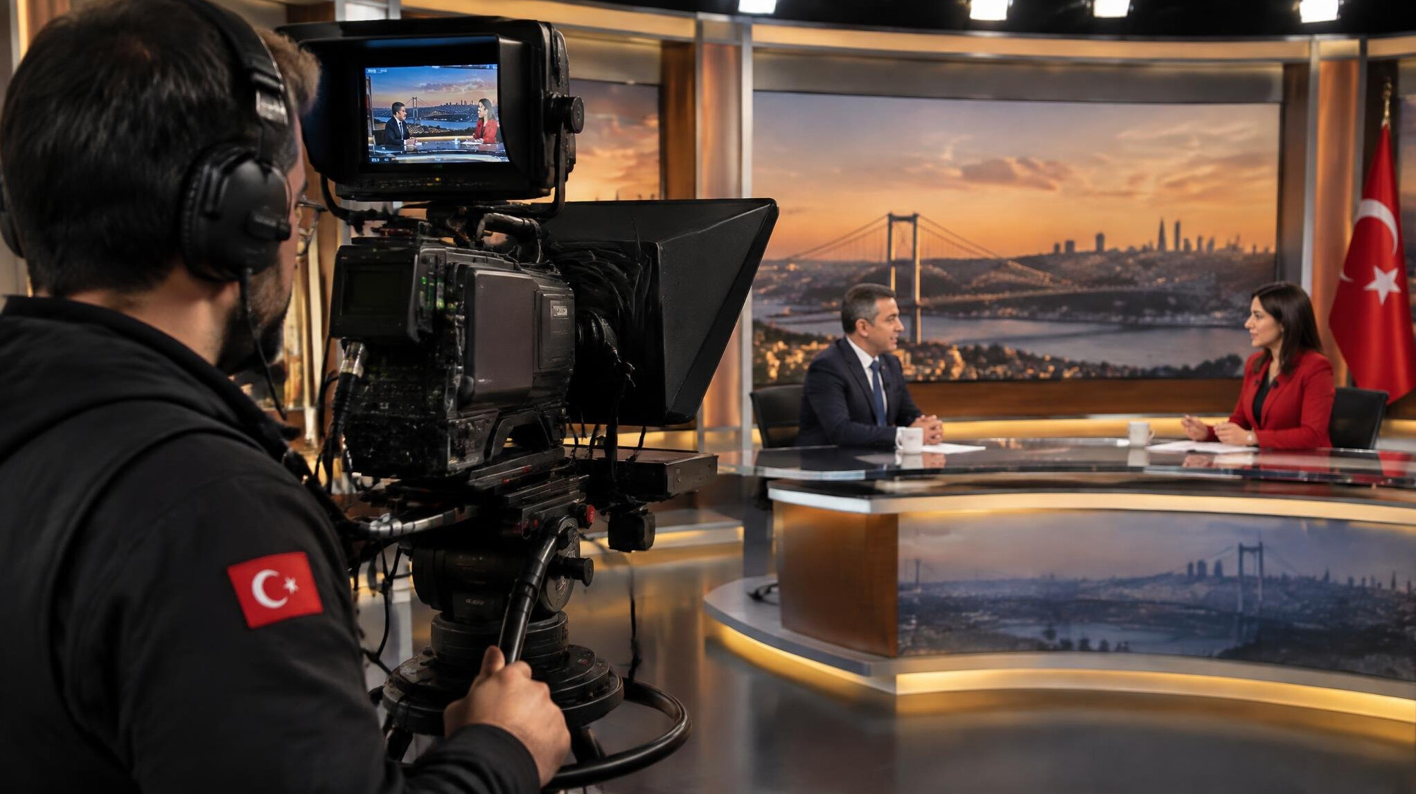 Camera operator filming a live TV studio interview